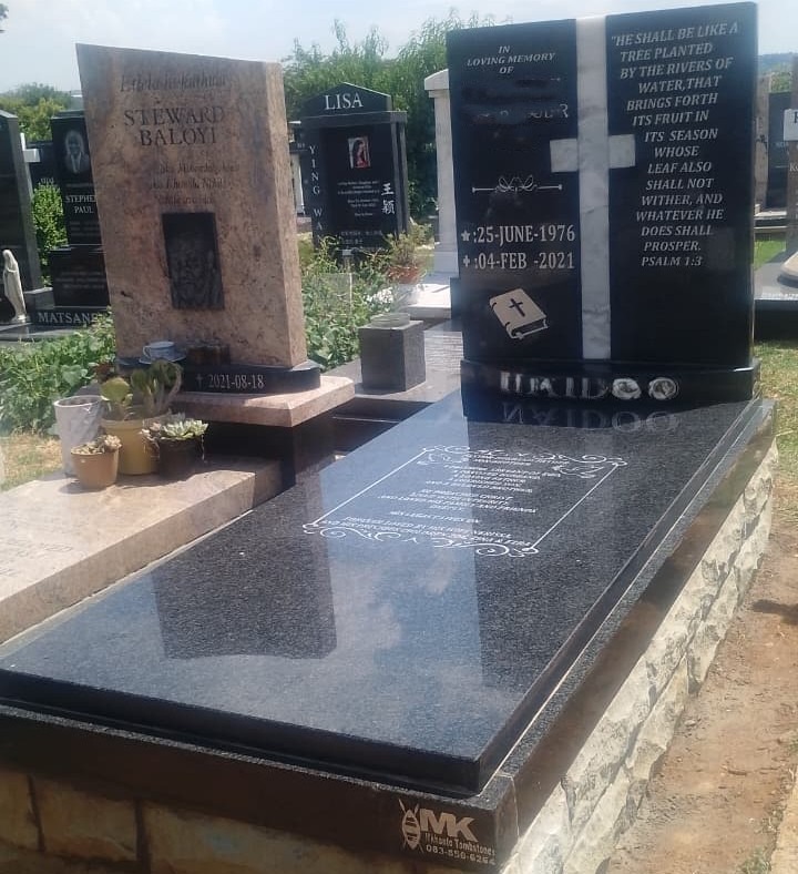 Completed custom granite tombstone installation by Mkhonto Tombstones at Fourways Memorial Park, Johannesburg
