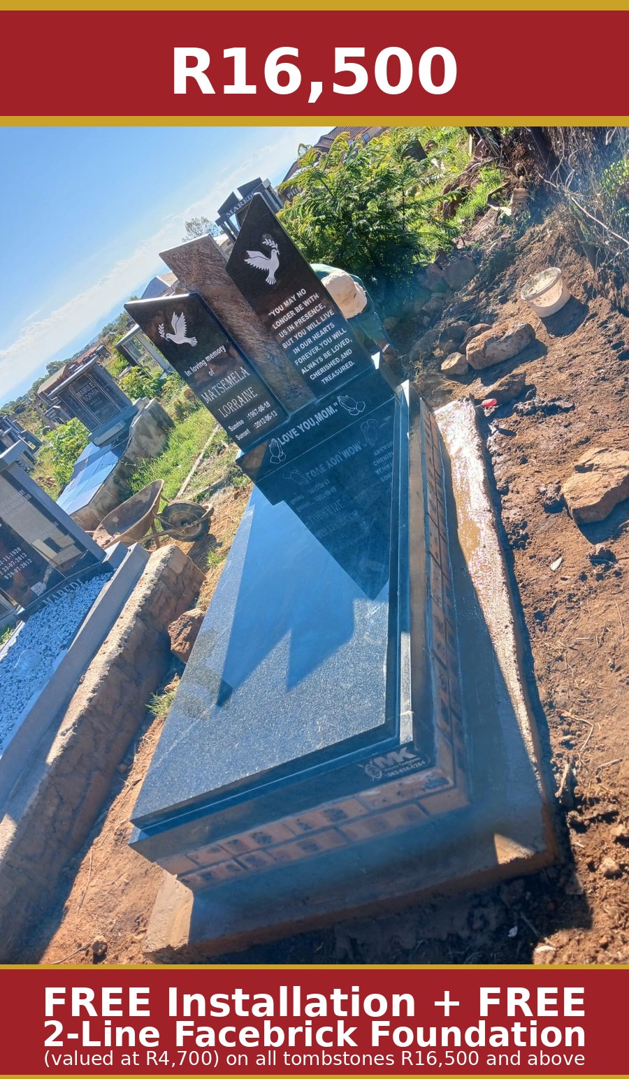 ngular black granite headstone with dove engraving by Mkhonto Tombstones – R16,500 includes free professional installation and free 2-line facebrick foundation