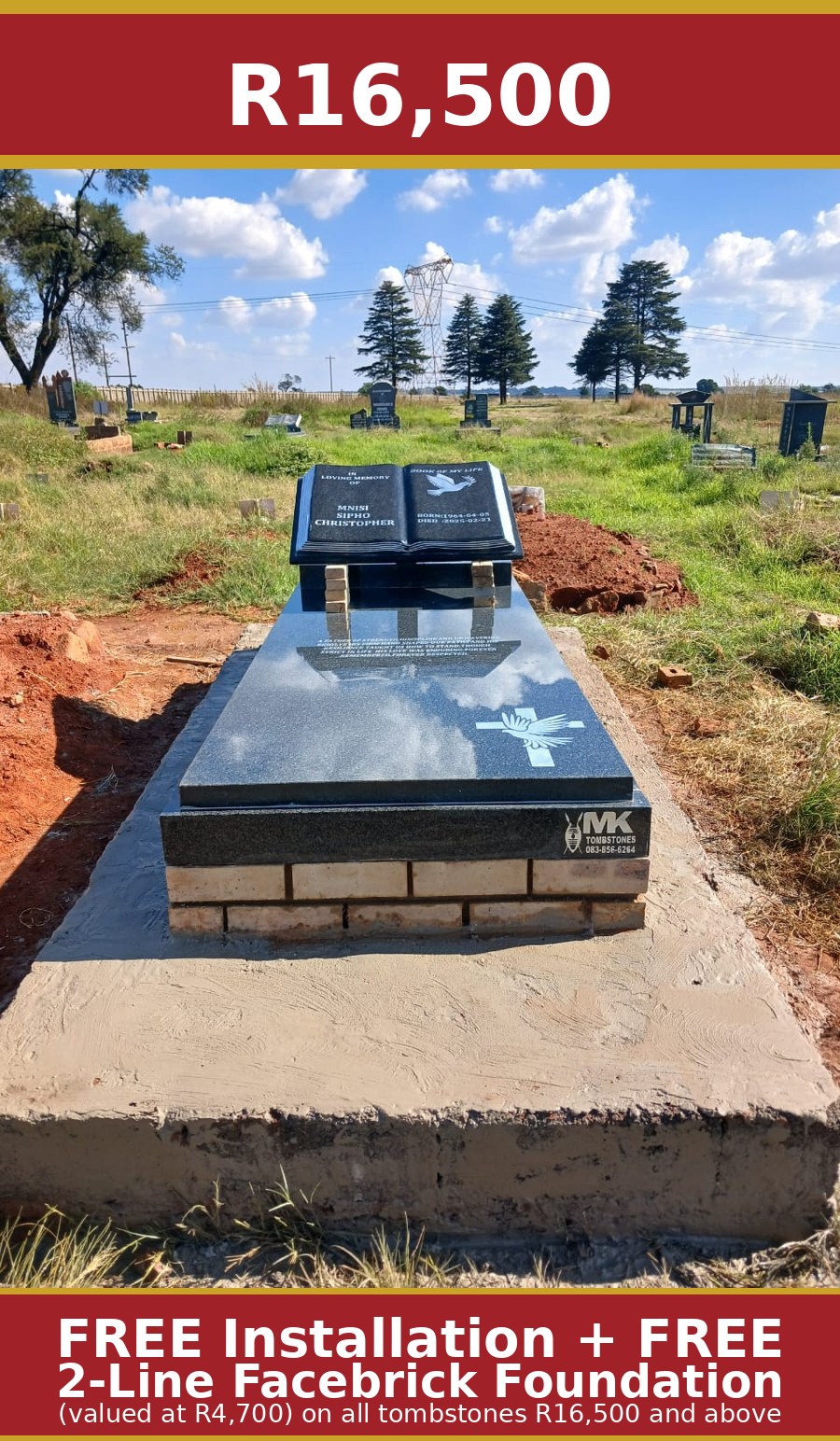 Black granite book-design tombstone with dove and cross engraving by Mkhonto Tombstones – R16,500 with free installation and free facebrick foundation valued at R4,700