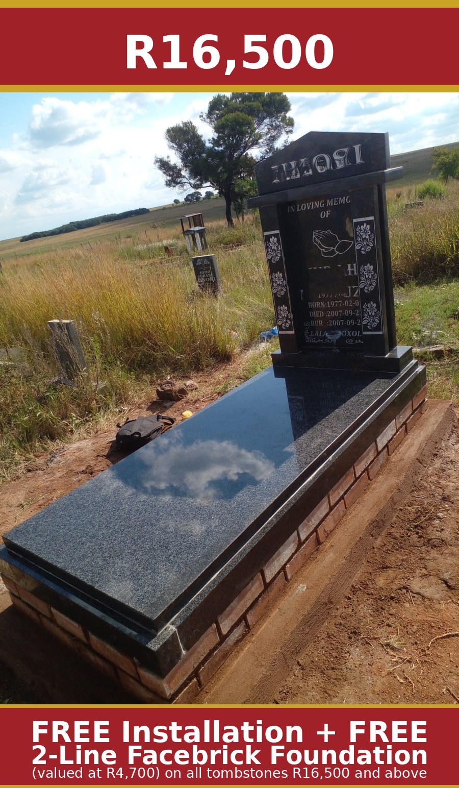 Black granite canopy headstone with flower engraving by Mkhonto Tombstones – R16,500 includes free installation and free 2-line facebrick foundation