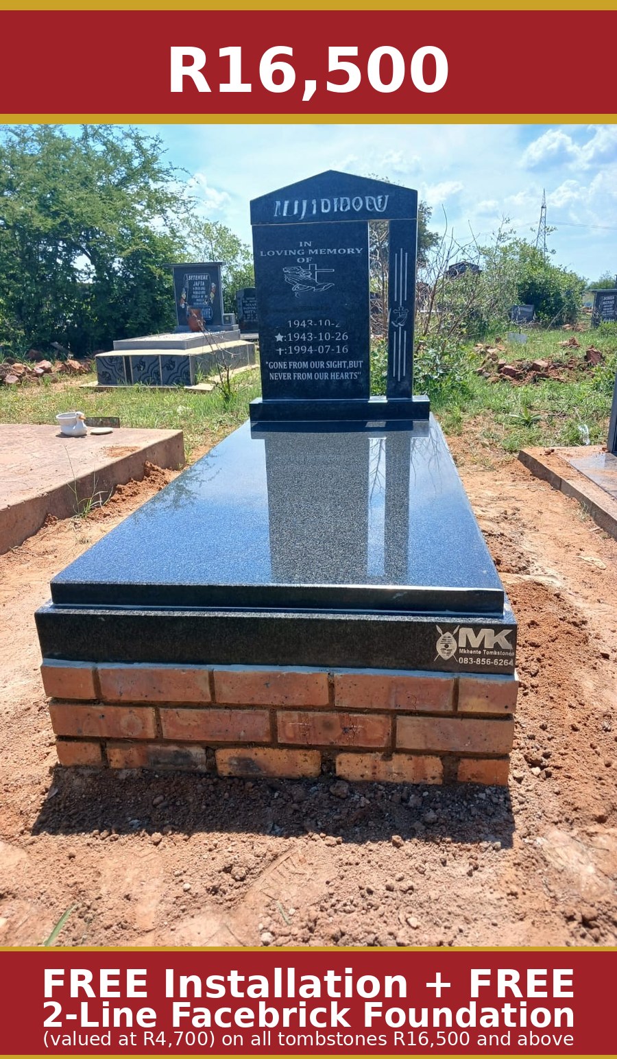 Classic upright black granite tombstone by Mkhonto Tombstones – R16,500 with free professional installation and free facebrick foundation valued at R4,700