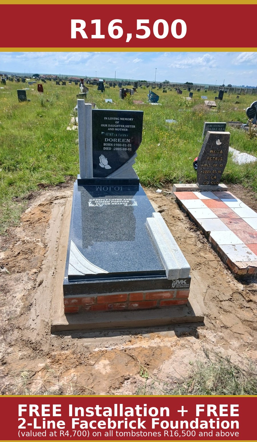 Curved black granite headstone with polished slab by Mkhonto Tombstones – R16,500 includes free installation and free 2-line facebrick foundation