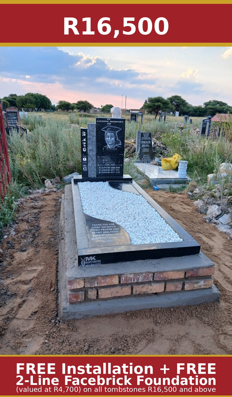 Black granite tombstone with graduation portrait engraving and white pebble detail by Mkhonto Tombstones – R16,500 with free installation offer