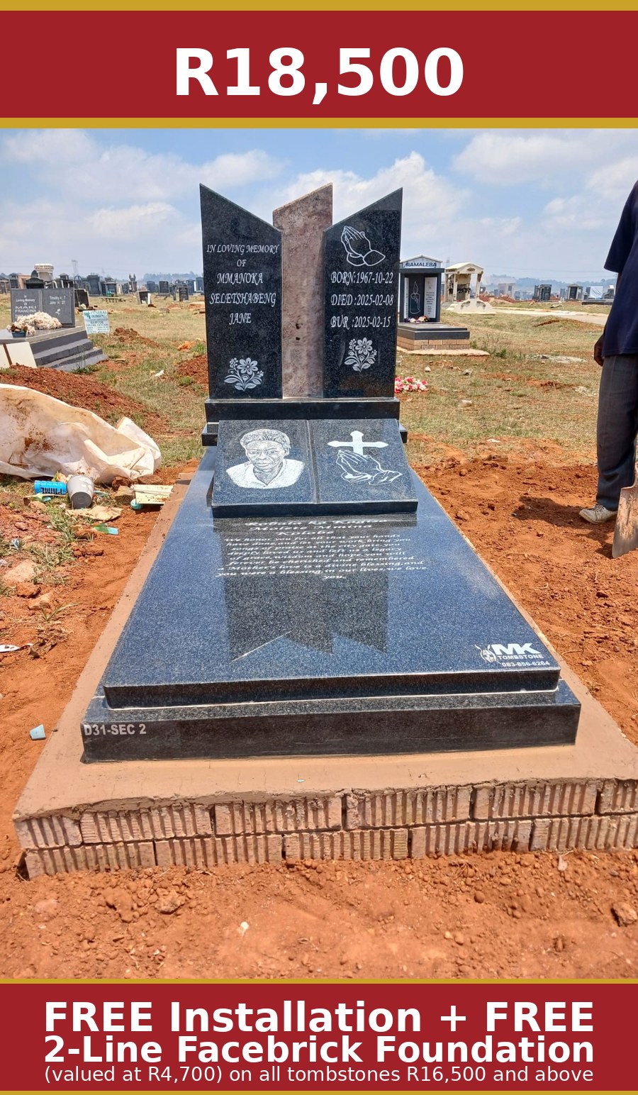 Premium open-book design tombstone with portrait and cross engraving by Mkhonto Tombstones – R18,500 includes free installation and free facebrick foundation