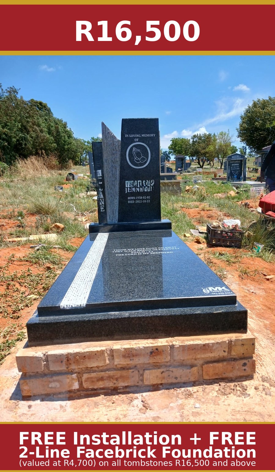 Slim pillar-frame black granite headstone with praying hands engraving by Mkhonto Tombstones – R16,500 with free installation and free foundation